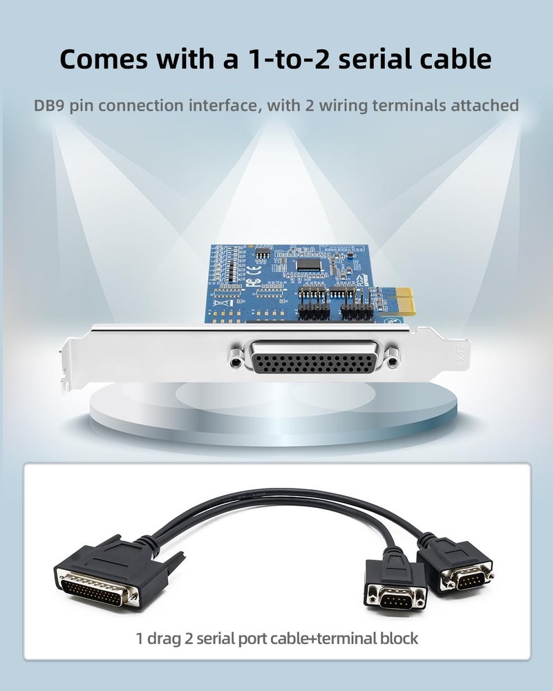 Buacoz PCIe to Dual RS-485/422 Serial Port Card with DB9 Connectors - High-Speed 1-to-2 Multi-Port Expansion Card, Terminal Block Adapters - Image 5